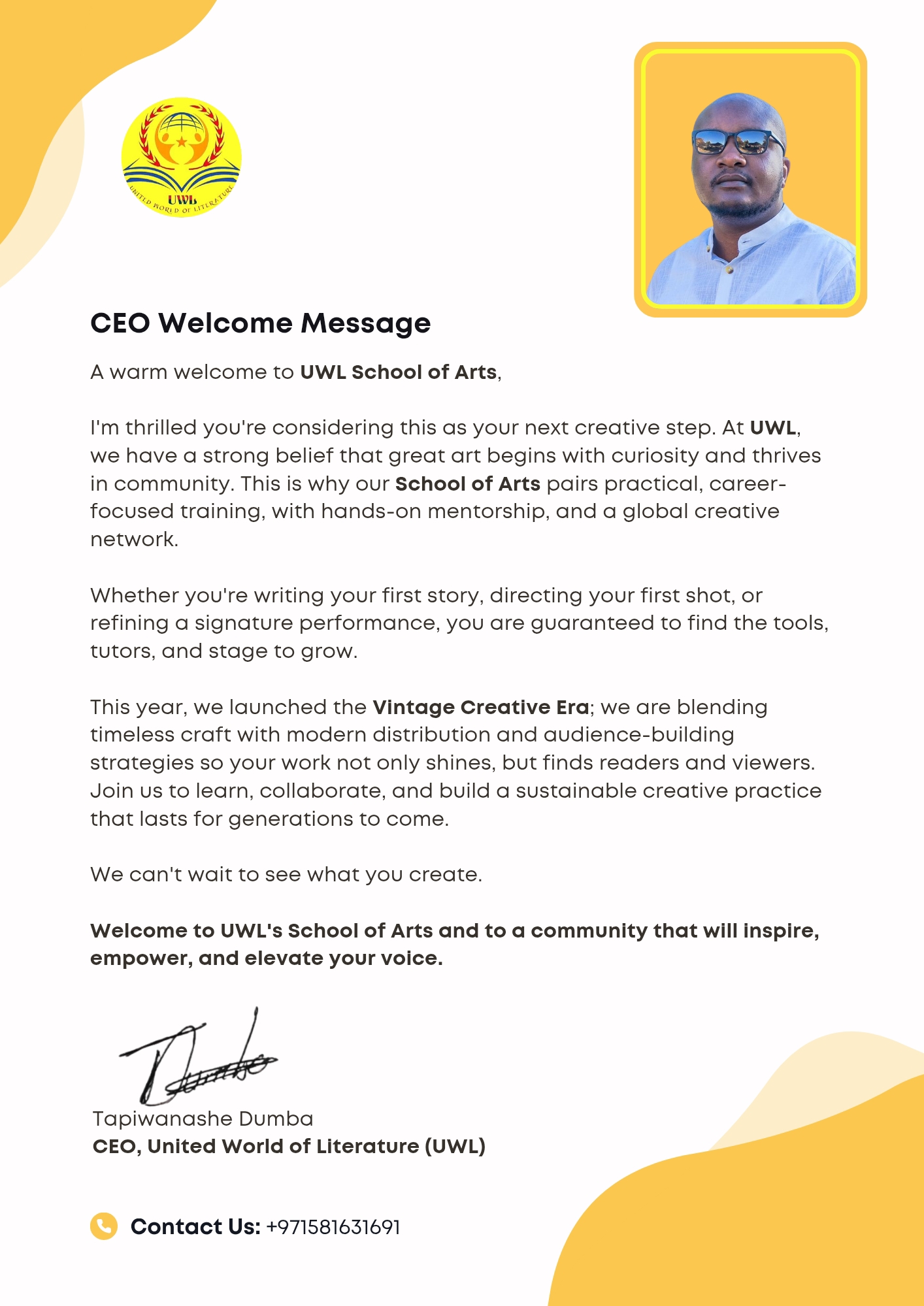 Welcome to UWL School of Arts; Message from CEO.